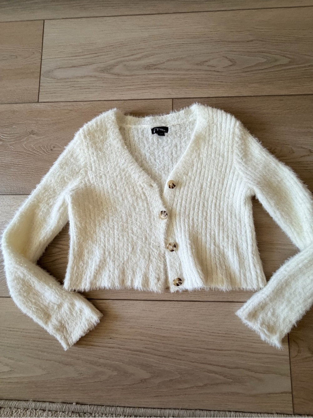 art class Cream Cropped Fuzzy V-Neck Button Cardigan
